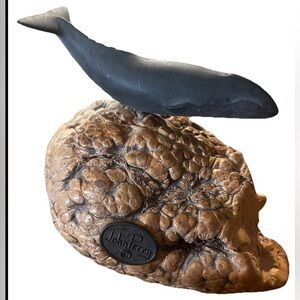 Vintage Sculpture By John Perry Black Humpback Whale On Burl Wood Base Sea Life